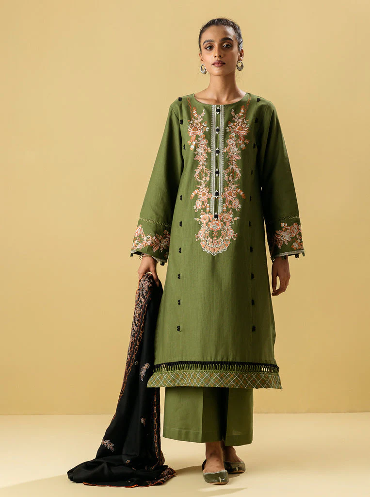 3 PIECE - EMBROIDERED WITH SHAWL  KHADDAR SUIT - SAGE BOUQUET - Image 2