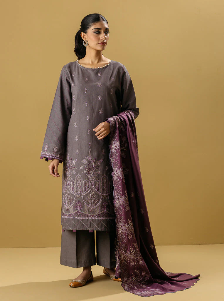 3 PIECE - EMBROIDERED WITH SHAWL  KHADDAR SUIT - SMOKY HAZE - Image 2