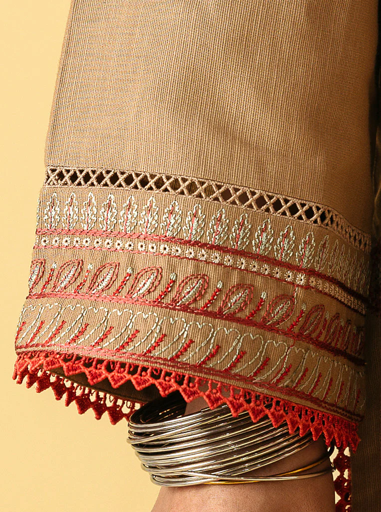 3 PIECE - EMBROIDERED WITH SHAWL  KHADDAR SUIT - GLEAM TAUPE - Image 5