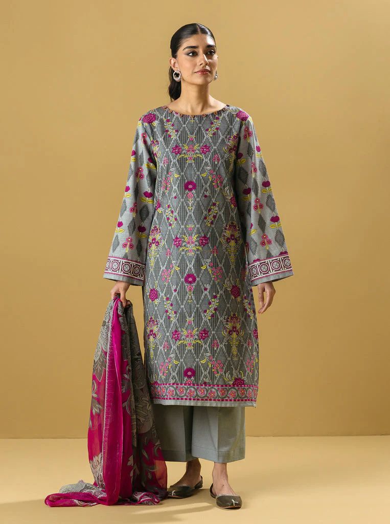 3 PIECE - PRINTED KHADDAR SUIT - FUSCHIA BUDS - Image 2
