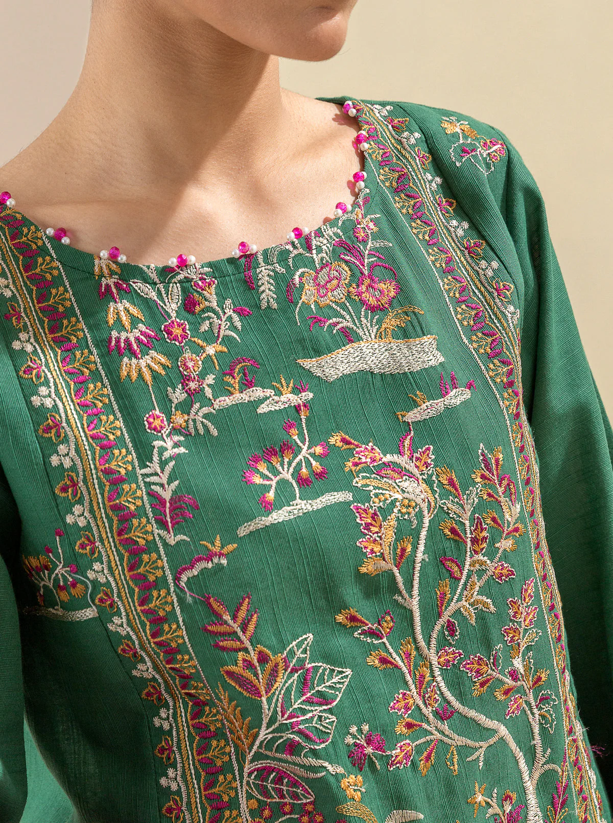 3 PIECE - EMBROIDERED  KHADDAR SUIT - SATIN MOSS - Image 4