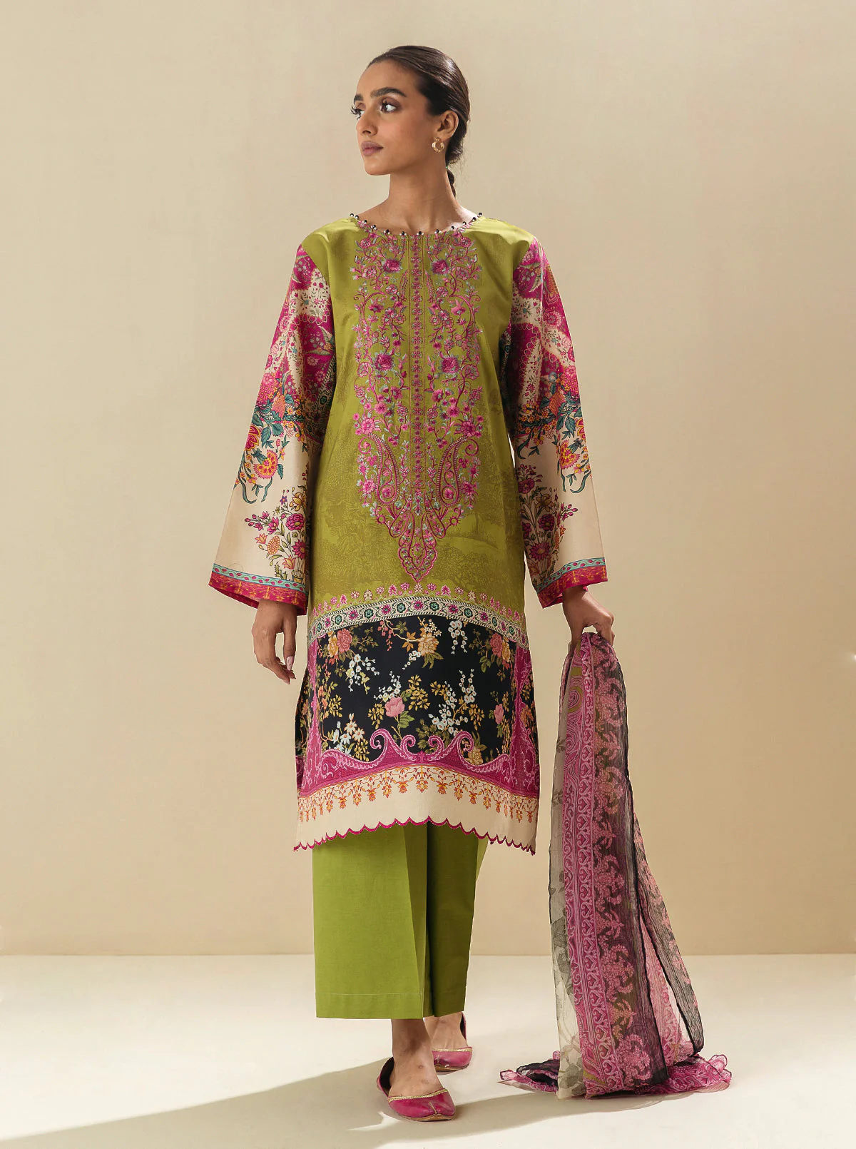 3 PIECE - EMBROIDERED LAWN SUIT - LIME TWIST - Image 3