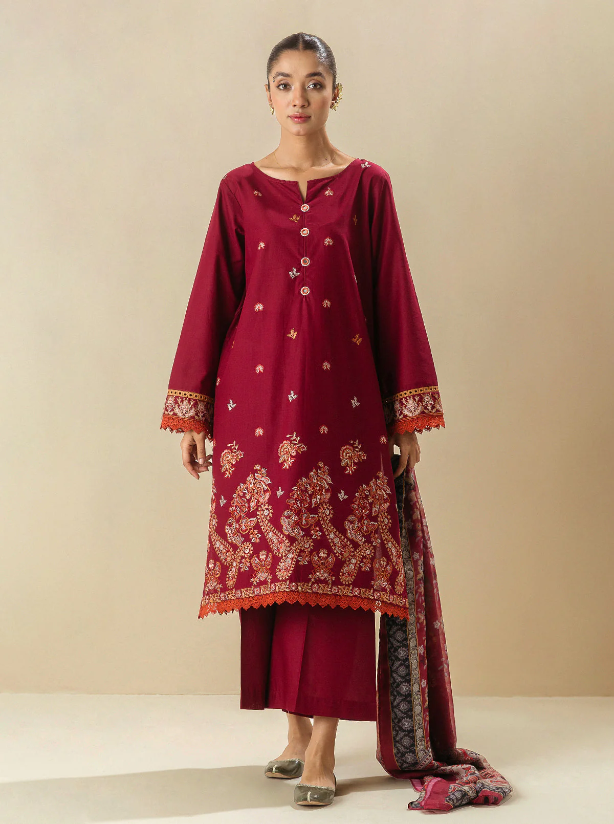 3 PIECE - EMBROIDERED LAWN SUIT - RED DAHLIA - Image 2