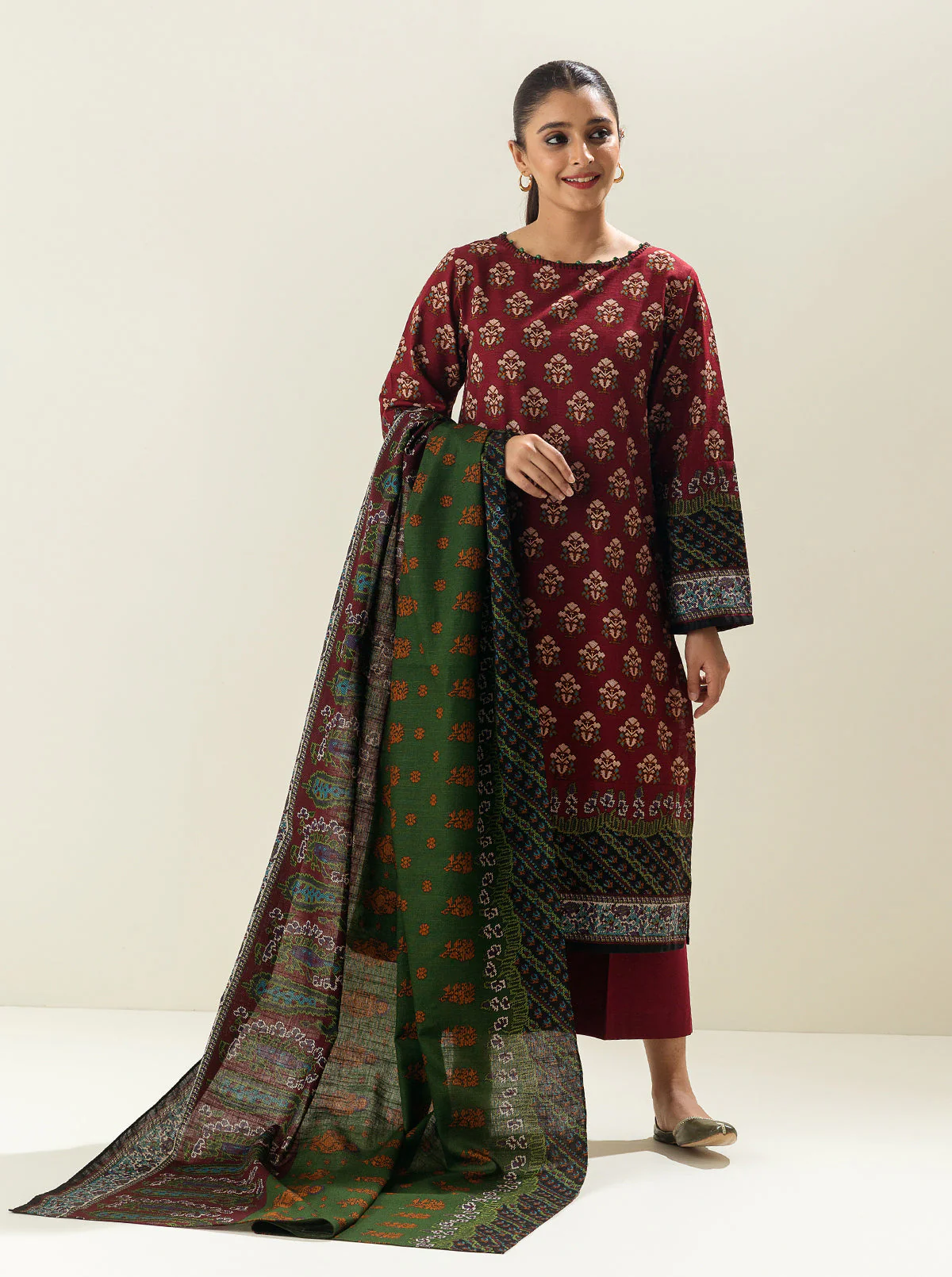 3 PIECE - PRINTED KHADDAR SUIT - RUSTIC RED - Image 2