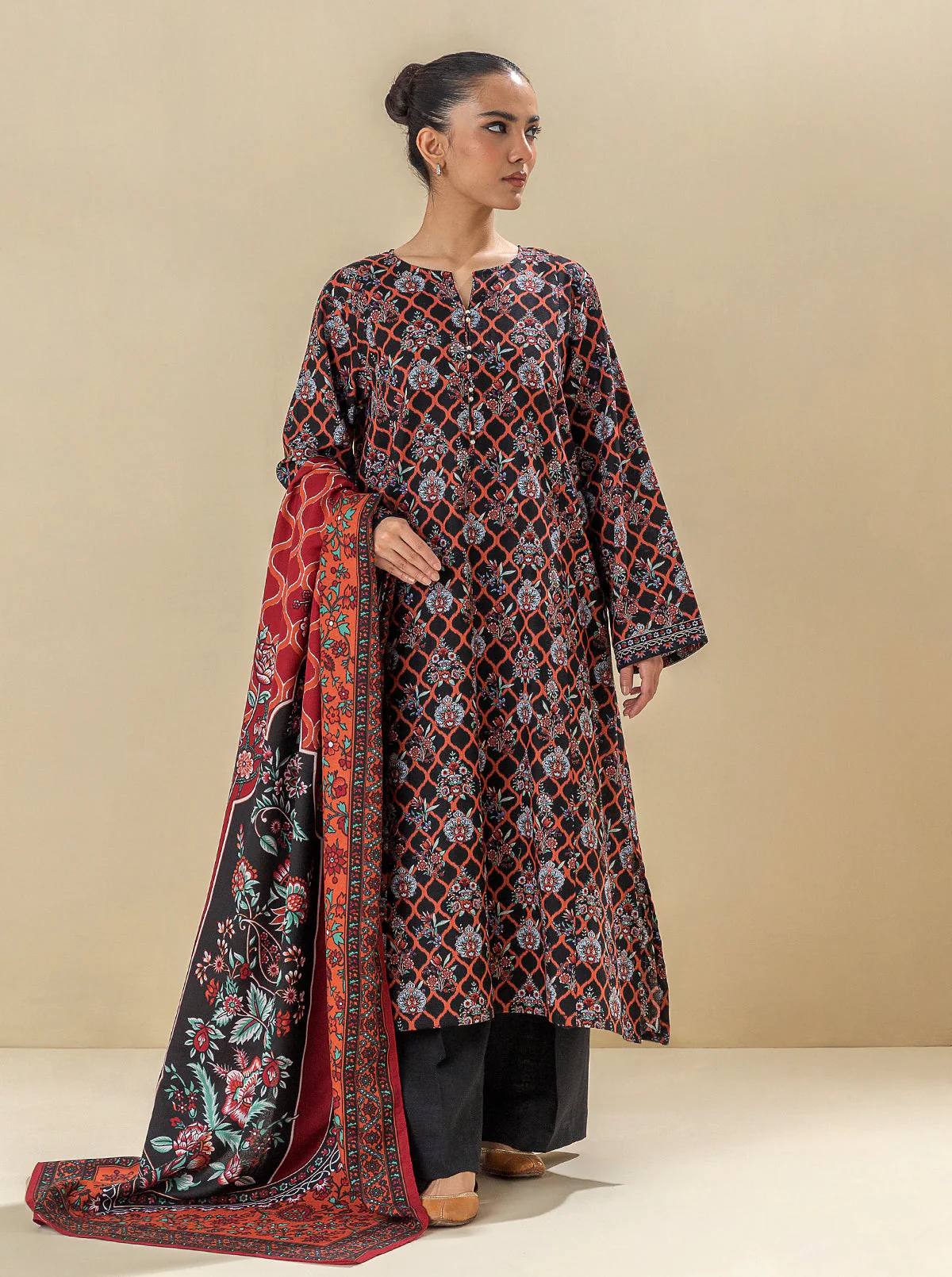 2 PIECE - PRINTED KHADDAR SUIT WITH HERRINGBONE SHAWL - EBONY SUNRISE - Image 3