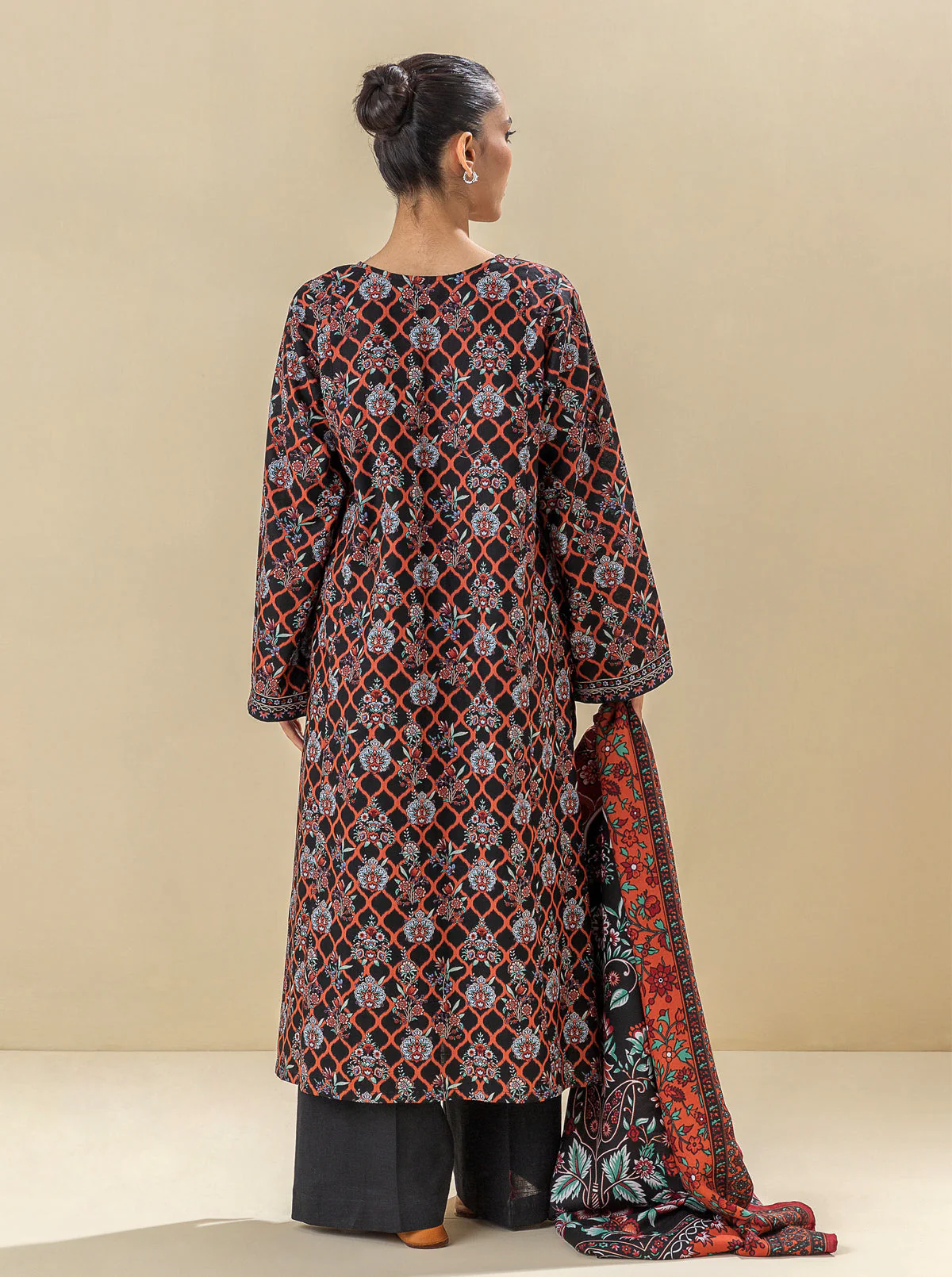 2 PIECE - PRINTED KHADDAR SUIT WITH HERRINGBONE SHAWL - EBONY SUNRISE - Image 4