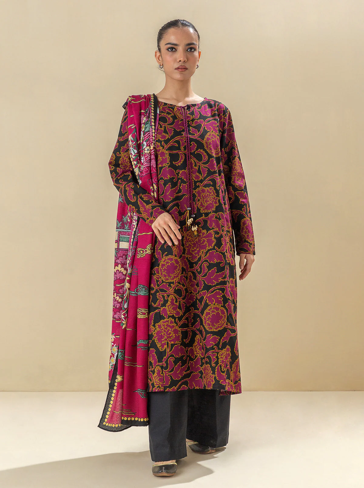 2 PIECE - PRINTED KHADDAR SUIT WITH HERRINGBONE SHAWL - MAGICIANS BEAM - Image 2