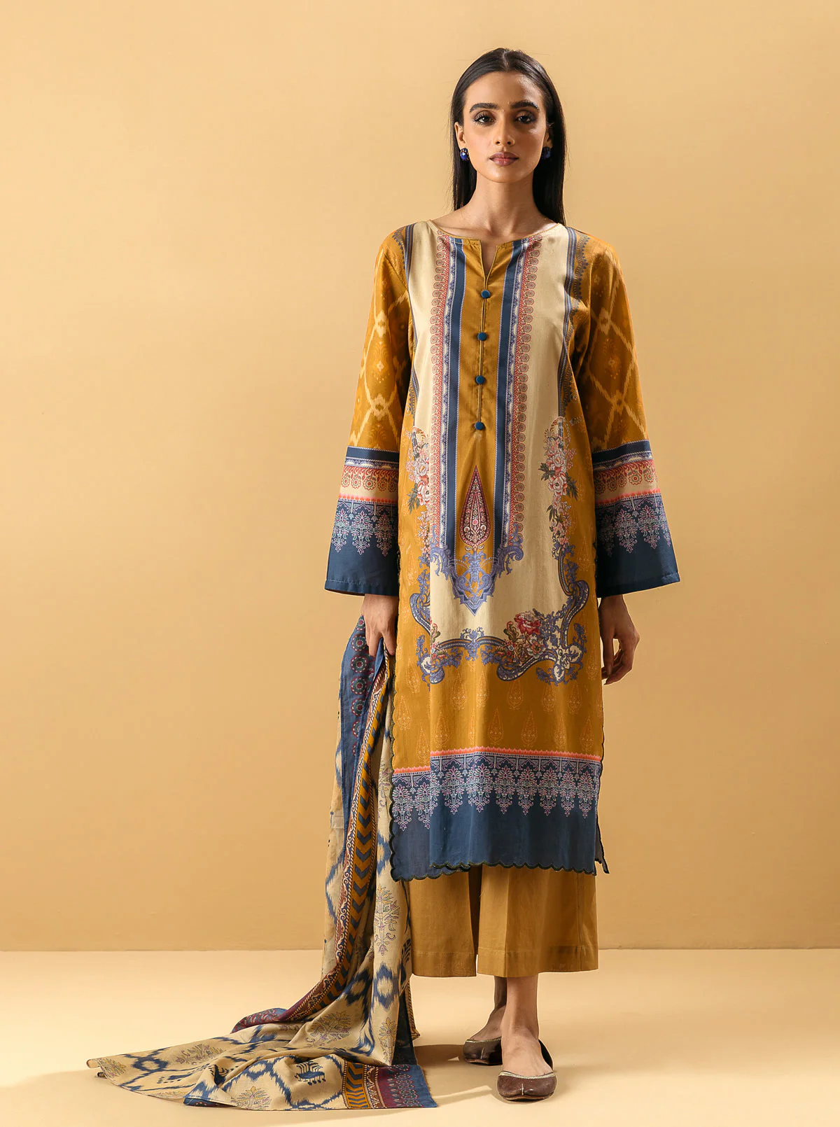 3 PIECE - PRINTED LAWN SUIT - MUTED  MUSTARD - Image 4