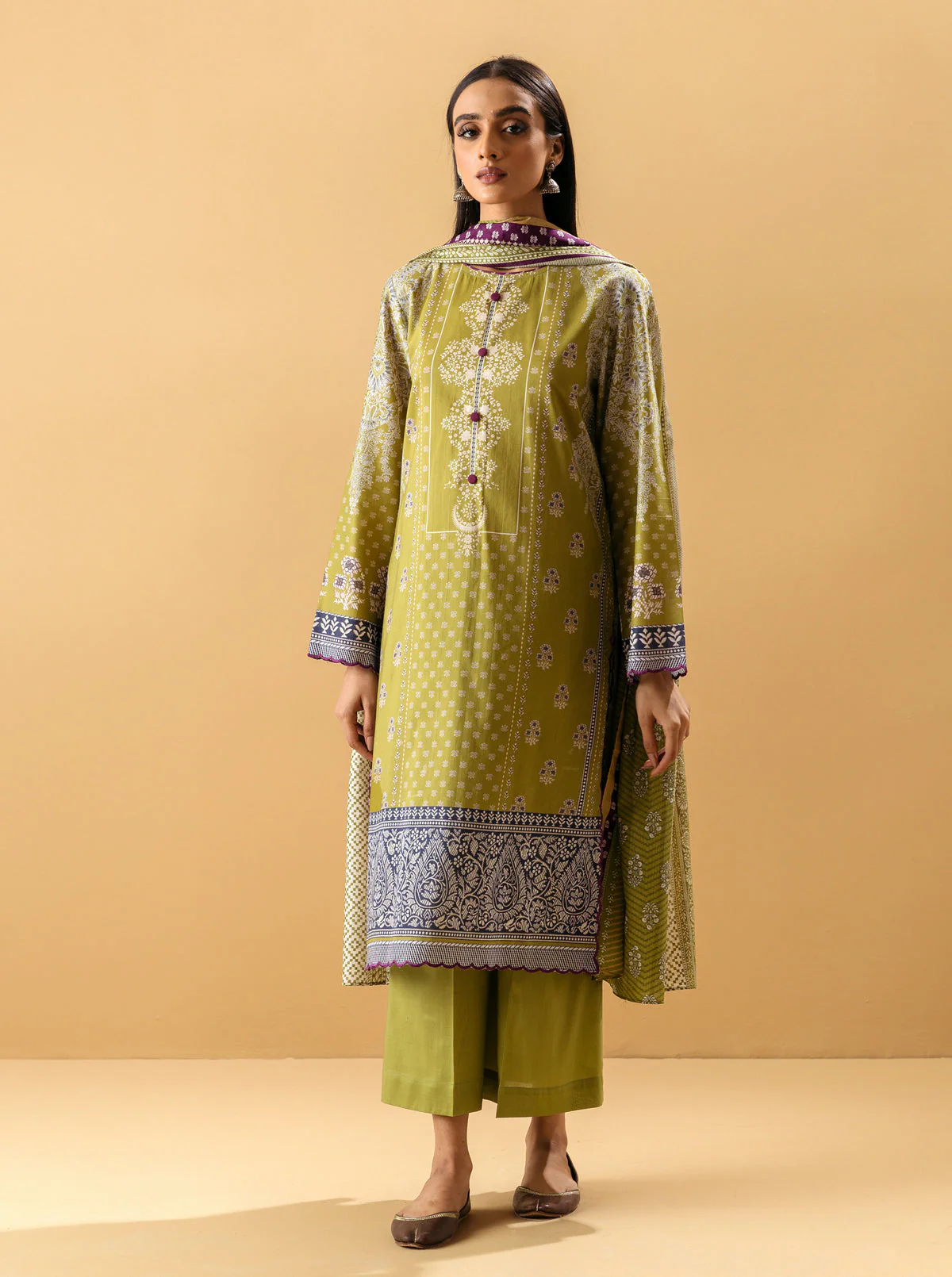 3 PIECE - PRINTED LAWN SUIT - LIME VERDANT