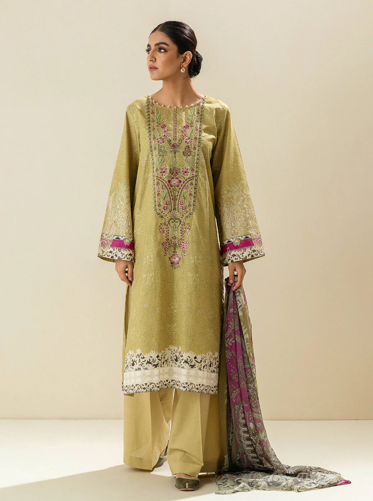 3 PIECE - EMBROIDERED LAWN SUIT - LAUREL GREEN - Image 2