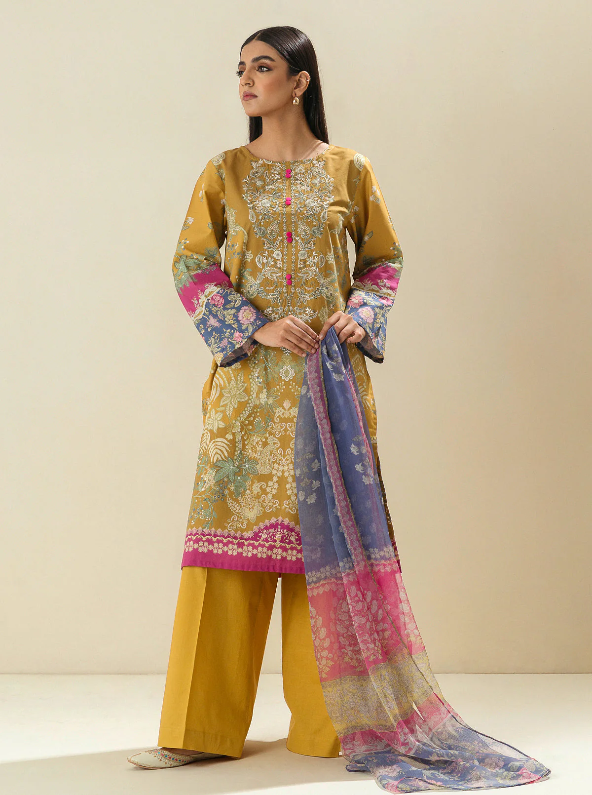 3 PIECE - EMBROIDERED LAWN SUIT - HONEY GOLD - Image 2