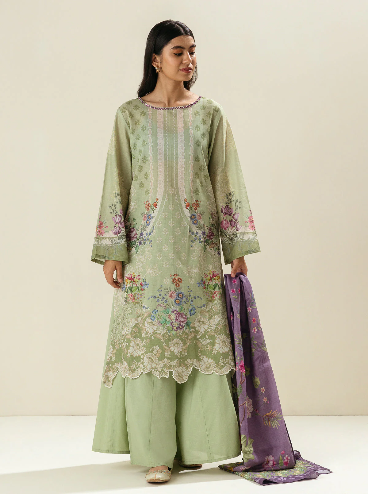 3 PIECE - PRINTED LAWN SUIT - FRESHLY GREEN - Image 2