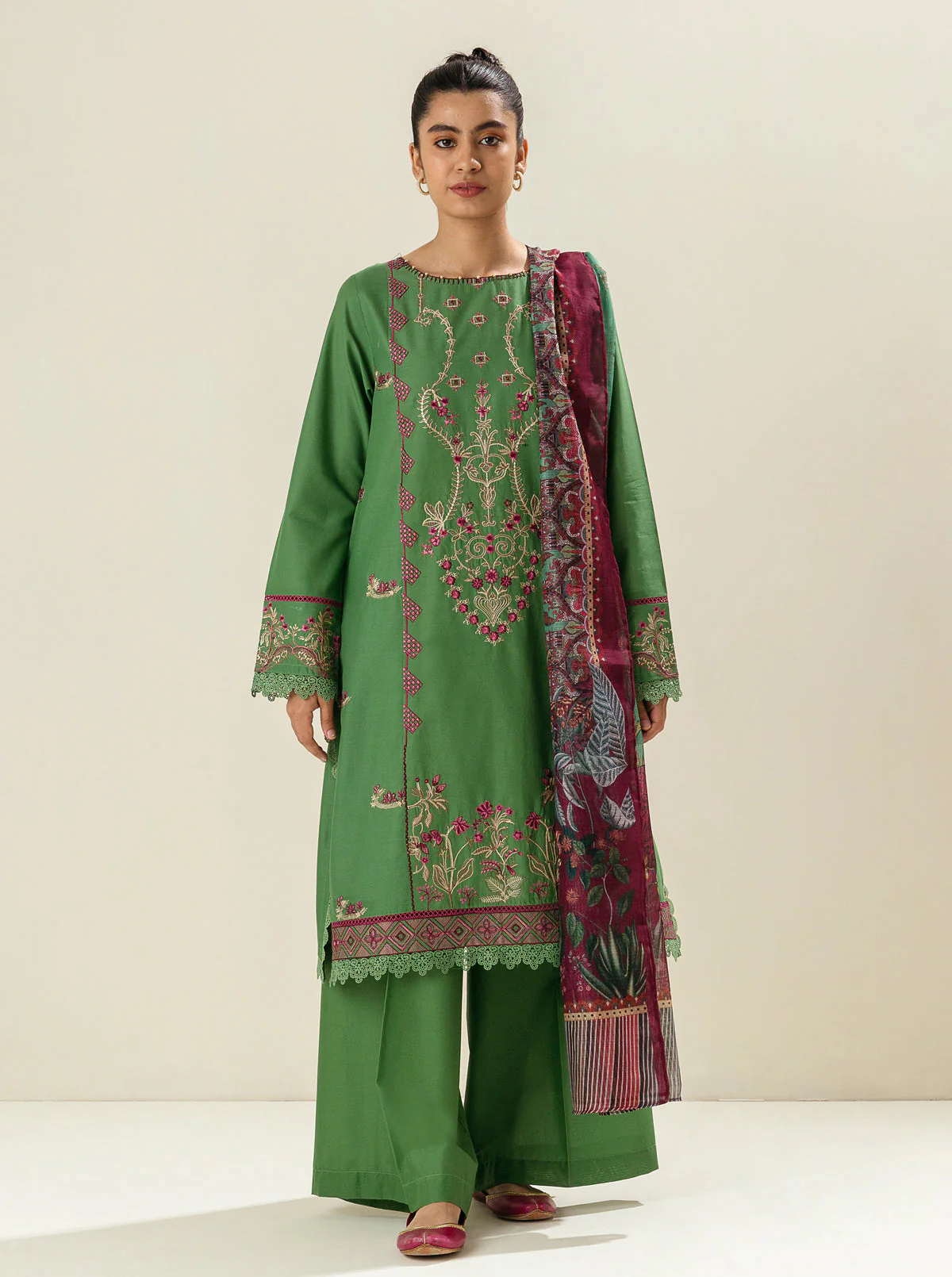 3 PIECE - EMBROIDERED LAWN SUIT - GREEN QUIETNESS - Image 2